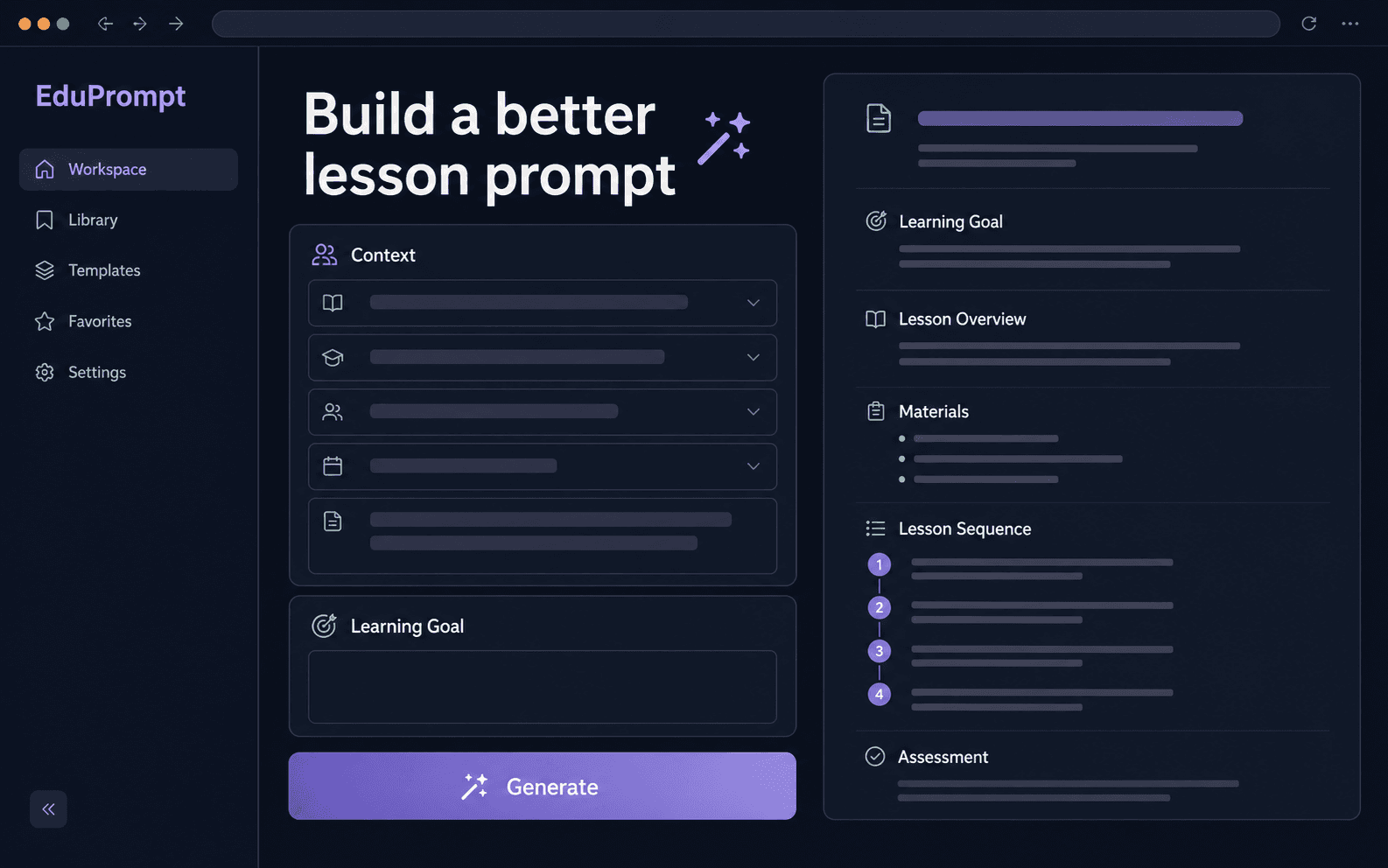 EduPrompt AI prompt workspace interface mockup for educators