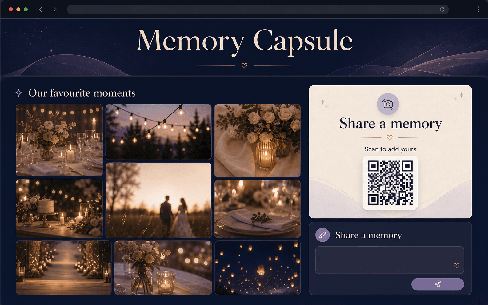 Memory Capsule digital wedding memory collection interface mockup
